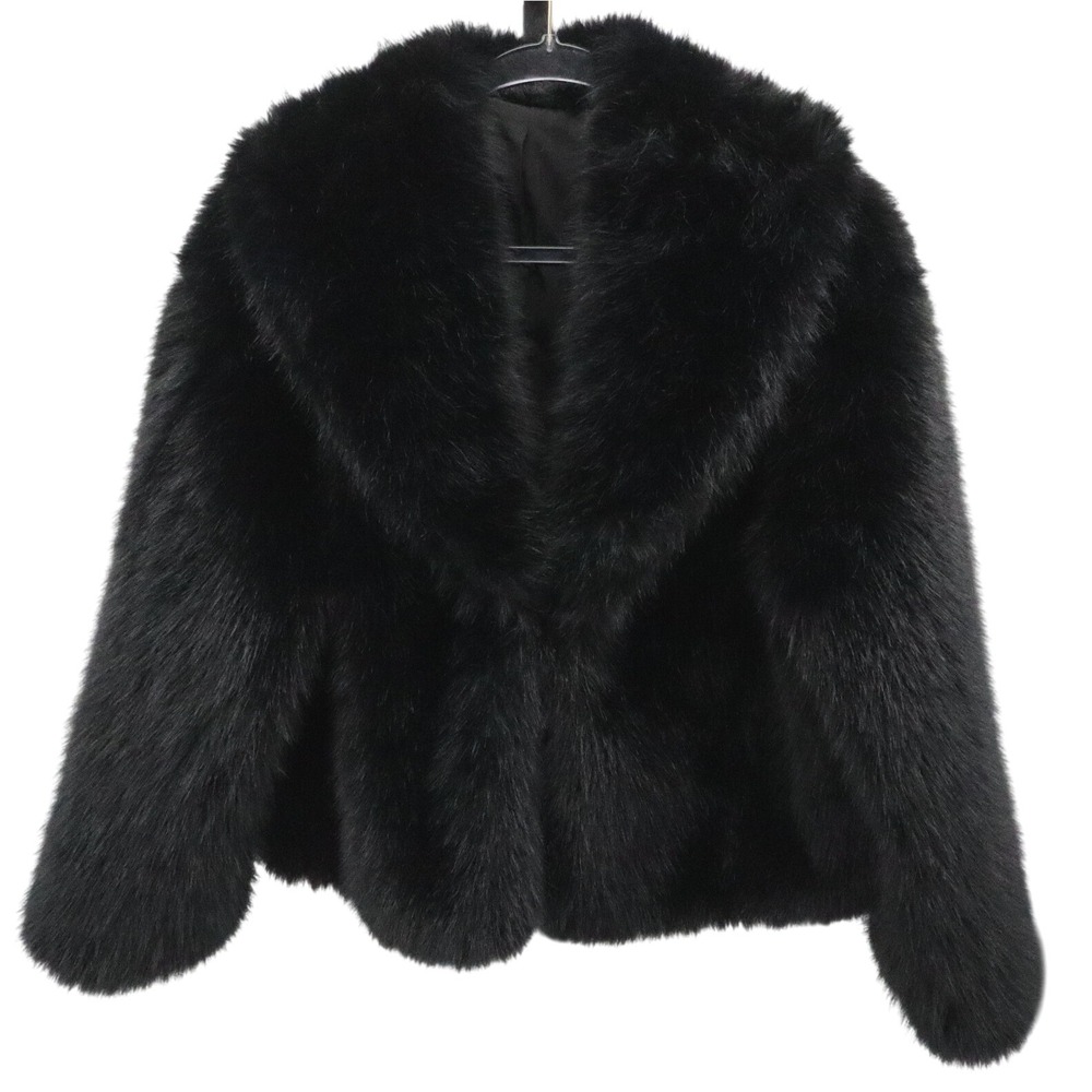 NWT Commense Black Faux Fur Cropped Jacket Shawl Collar Coat M - Picture 2 of 8